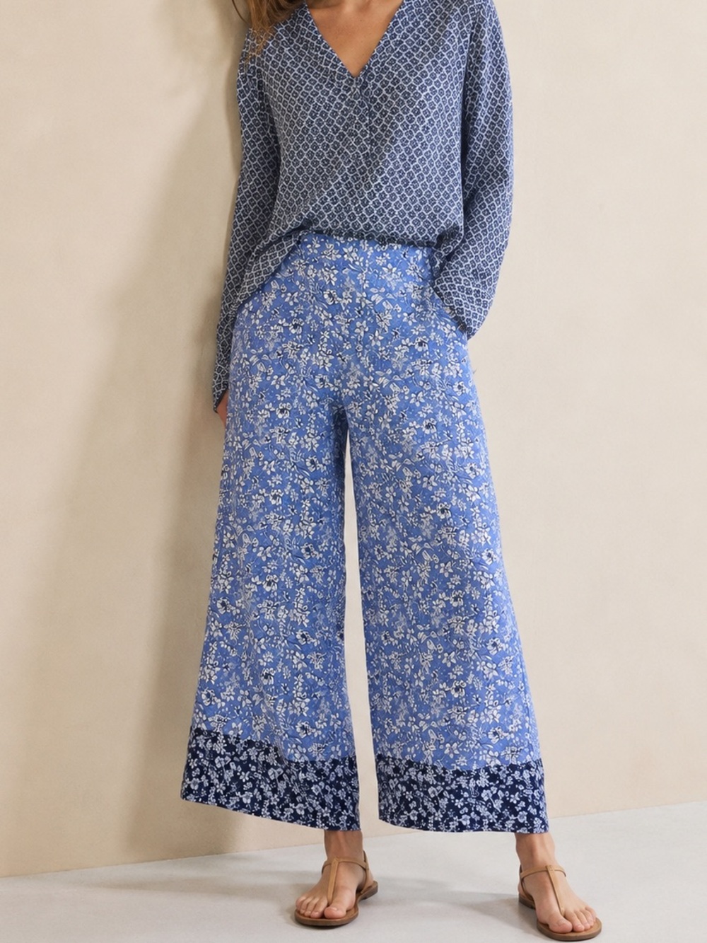Max Studio Blue Floral Wide Leg Palazzo Boho Festival Pants Size Large